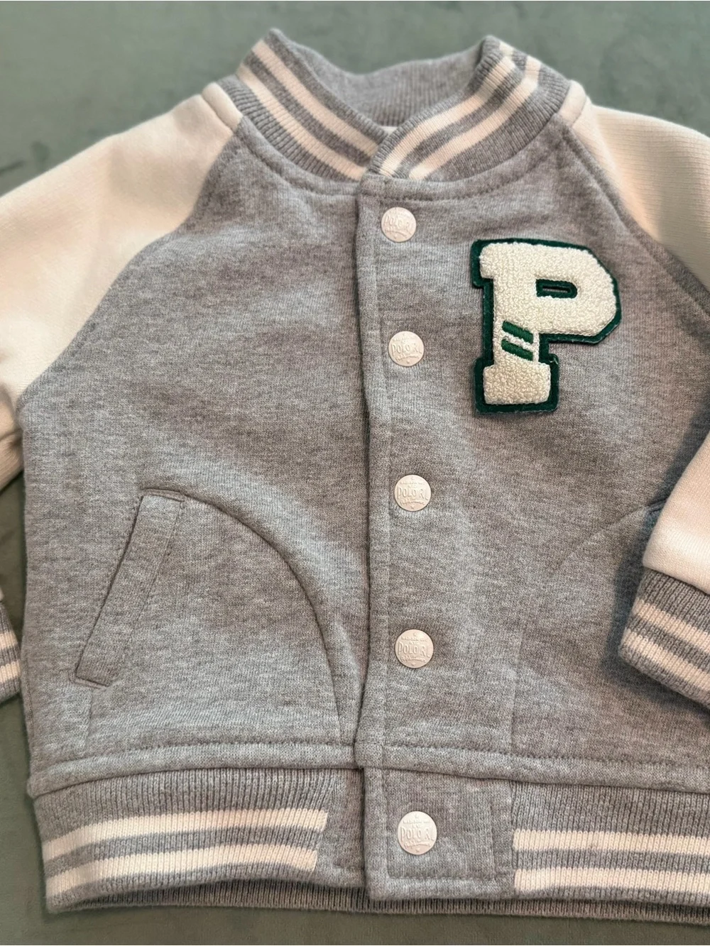Ralph Lauren Baby Boy 2 piece Baseball Jacket and Jogger Set Grey 9 Months